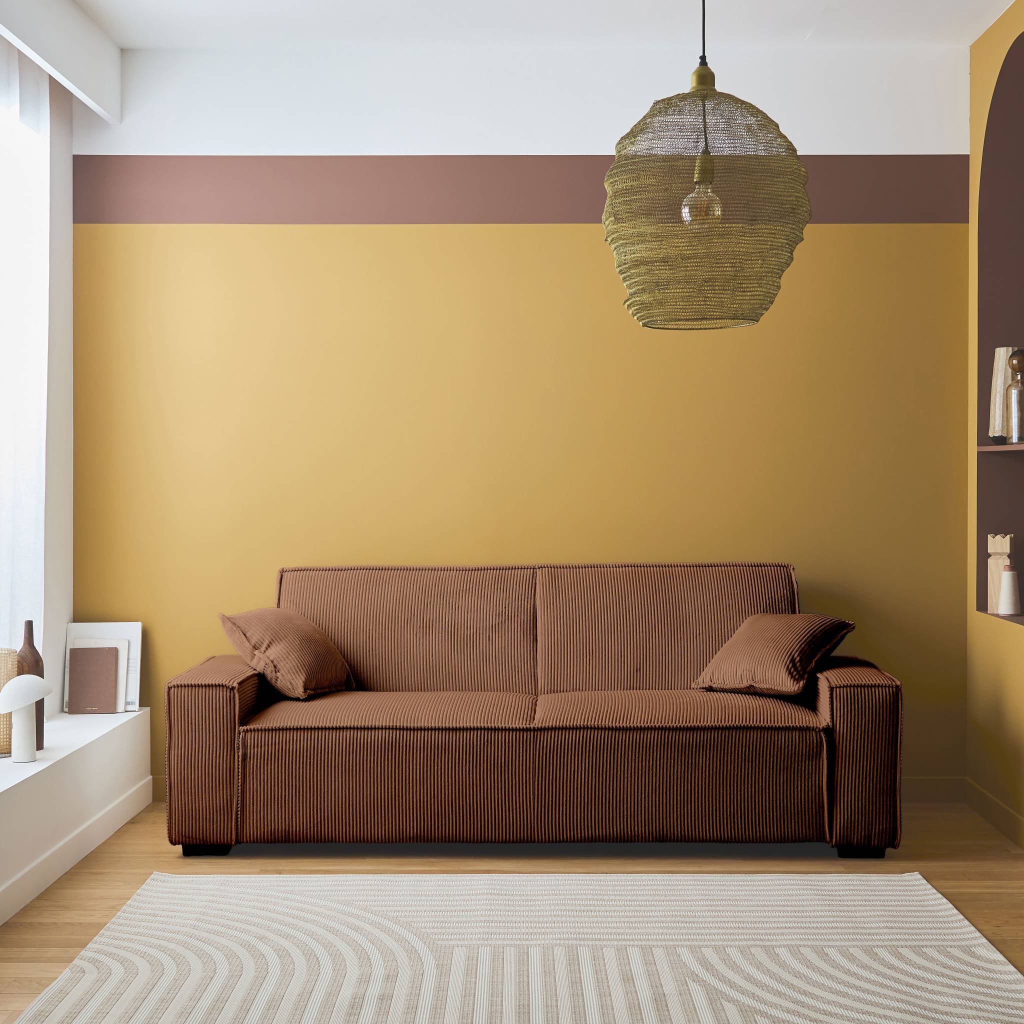 Canapé convertible 3 places camel velours côtelé L 231 x P 96.5 x H 80cm