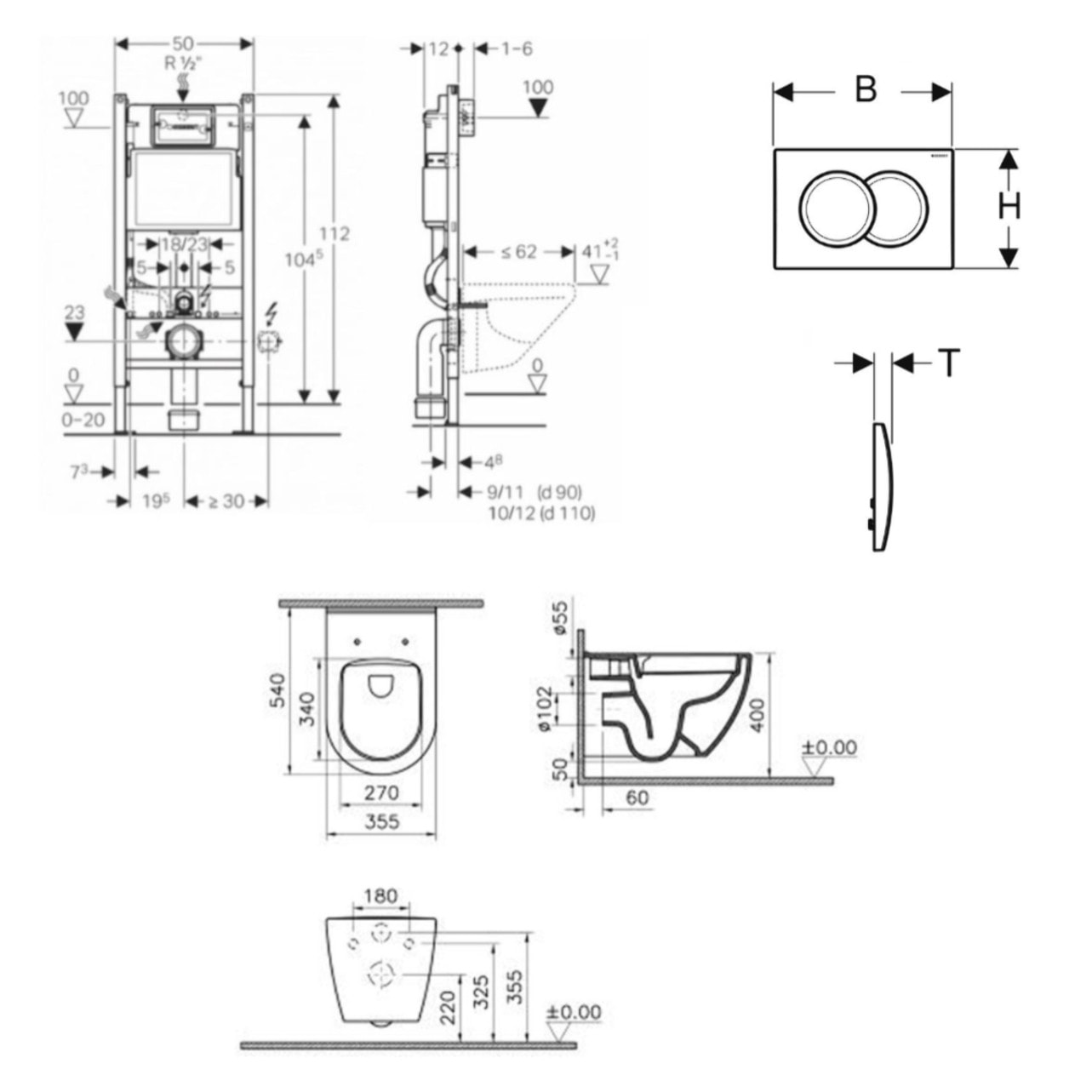 Pack WC Bati-support Geberit Duofix + WC sans bride Vitra S60 + Abattant SoftClose + Plaque Blanche (S60Geb3)