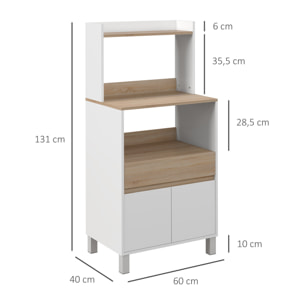 Meuble de rangement desserte de cuisine pour micro-ondes avec placard tiroir étagère supérieur 60 x 40 x 131 cm naturel et blanc