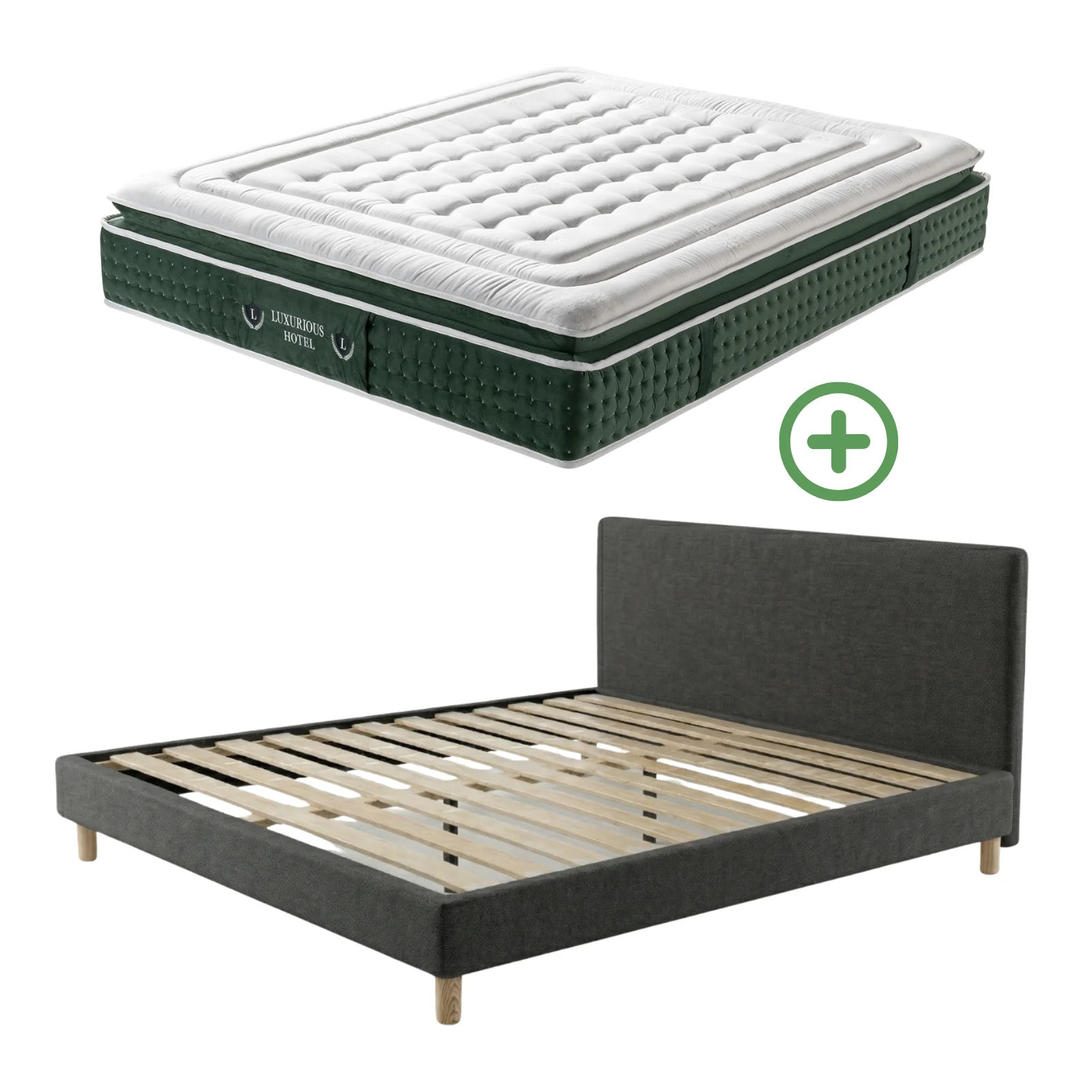 Ensemble matelas Jade & lit fixe Colisée | Mémoire de forme et ressorts ensachés | cadre à lattes | Tissu | Gris foncé