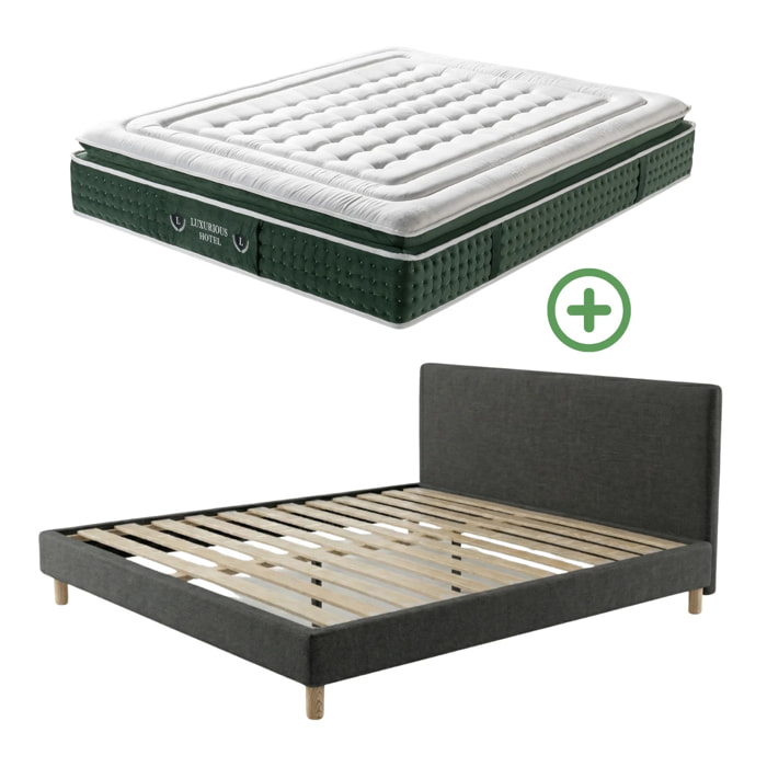 Ensemble matelas Jade & lit fixe Colisée | Mémoire de forme et ressorts ensachés | cadre à lattes | Tissu | Gris foncé