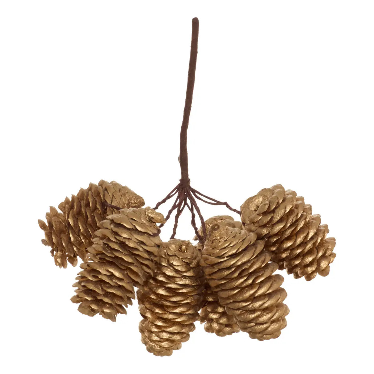 Suspension de sapin branche longue pomme de pin dorée 13 cm