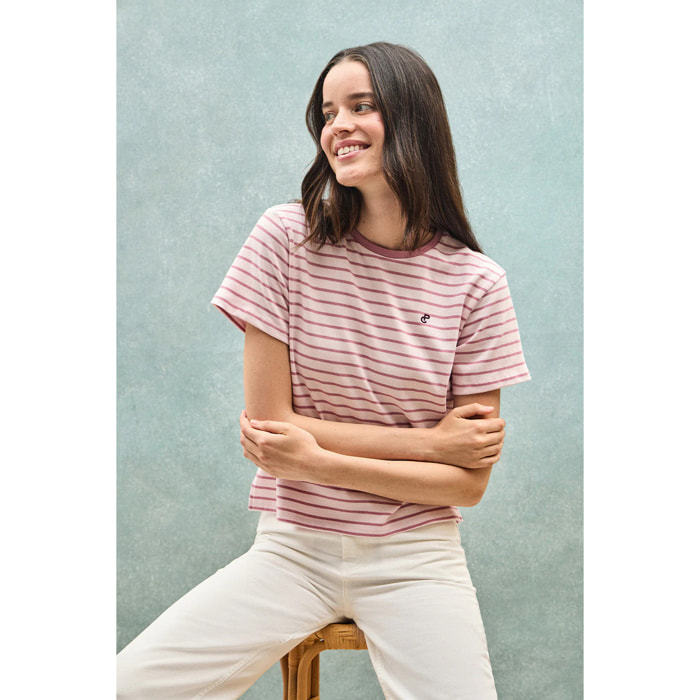 Camiseta de rayas rosa empolvado y beige con monograma bordado