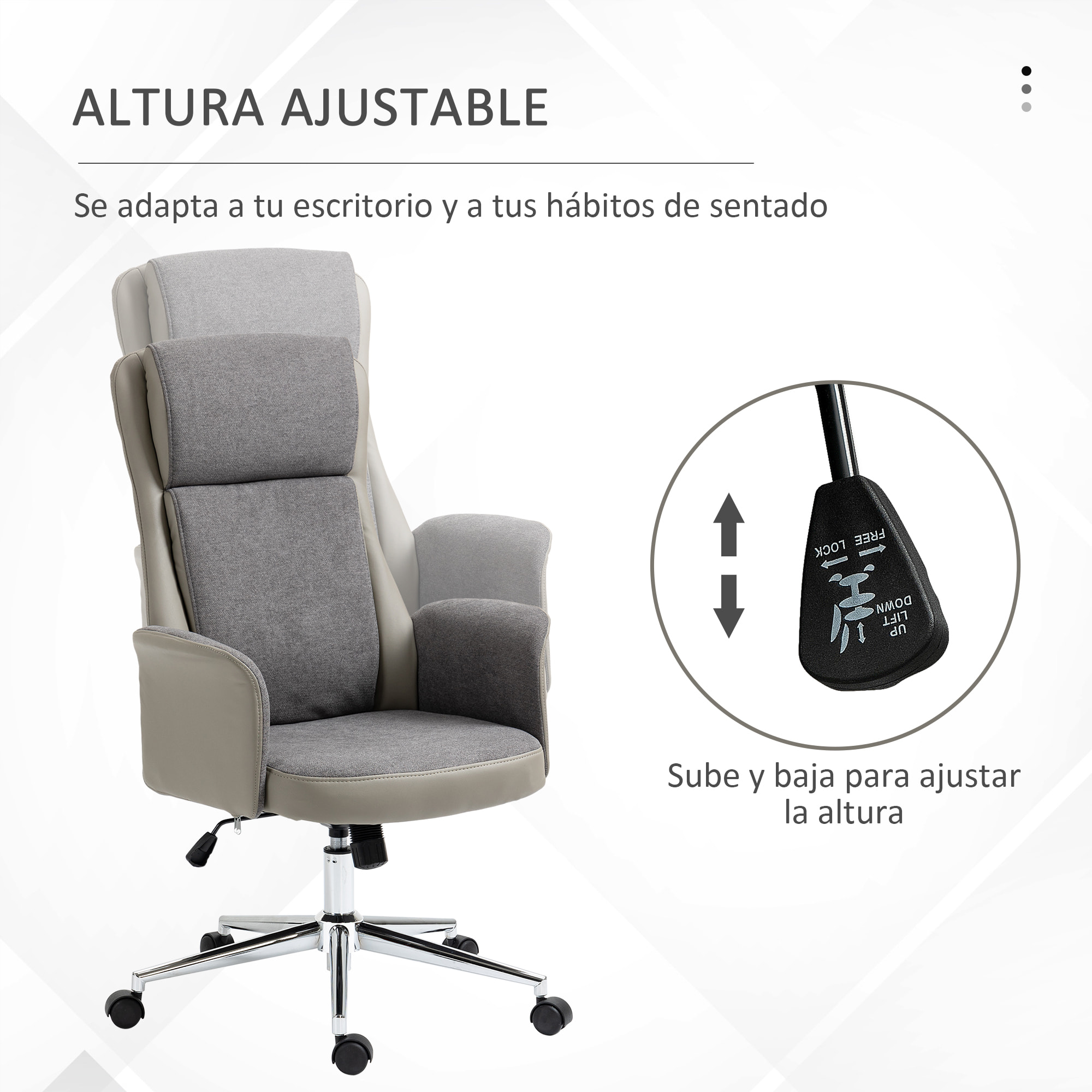 Silla de Escritorio Tapizado en PU Silla de Oficina Giratoria con Altura Ajustable y Respaldo Alto para Salón Dormitorio Estudio Carga 120 kg 65x72x108-118 cm Gris