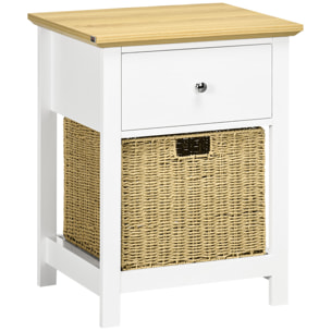 Mesita de Noche Moderno Mesilla de Noche con Cajón de Almacenamiento y Cesta de Ratán Plegable para Salón Dormitorio 49x39x64 cm Blanco y Natural