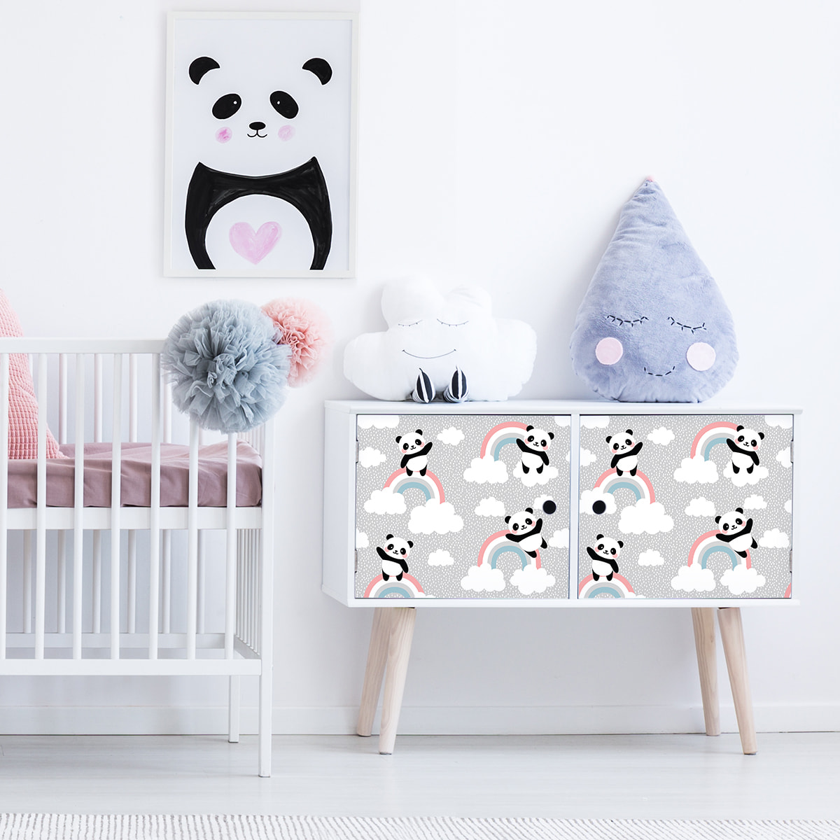 Sticker meuble enfant pandas et arcs-en-ciel 60 x 90 cm