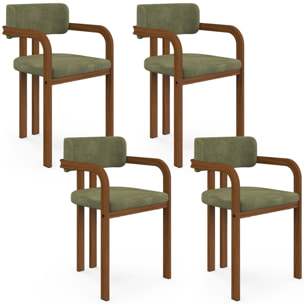 Chaises Elsa avec accoudoirs tissu chenille vert pieds effet noyer - lot de 4