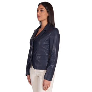 Giacca blazer in pelle blu due bottoni nappa effetto liscio