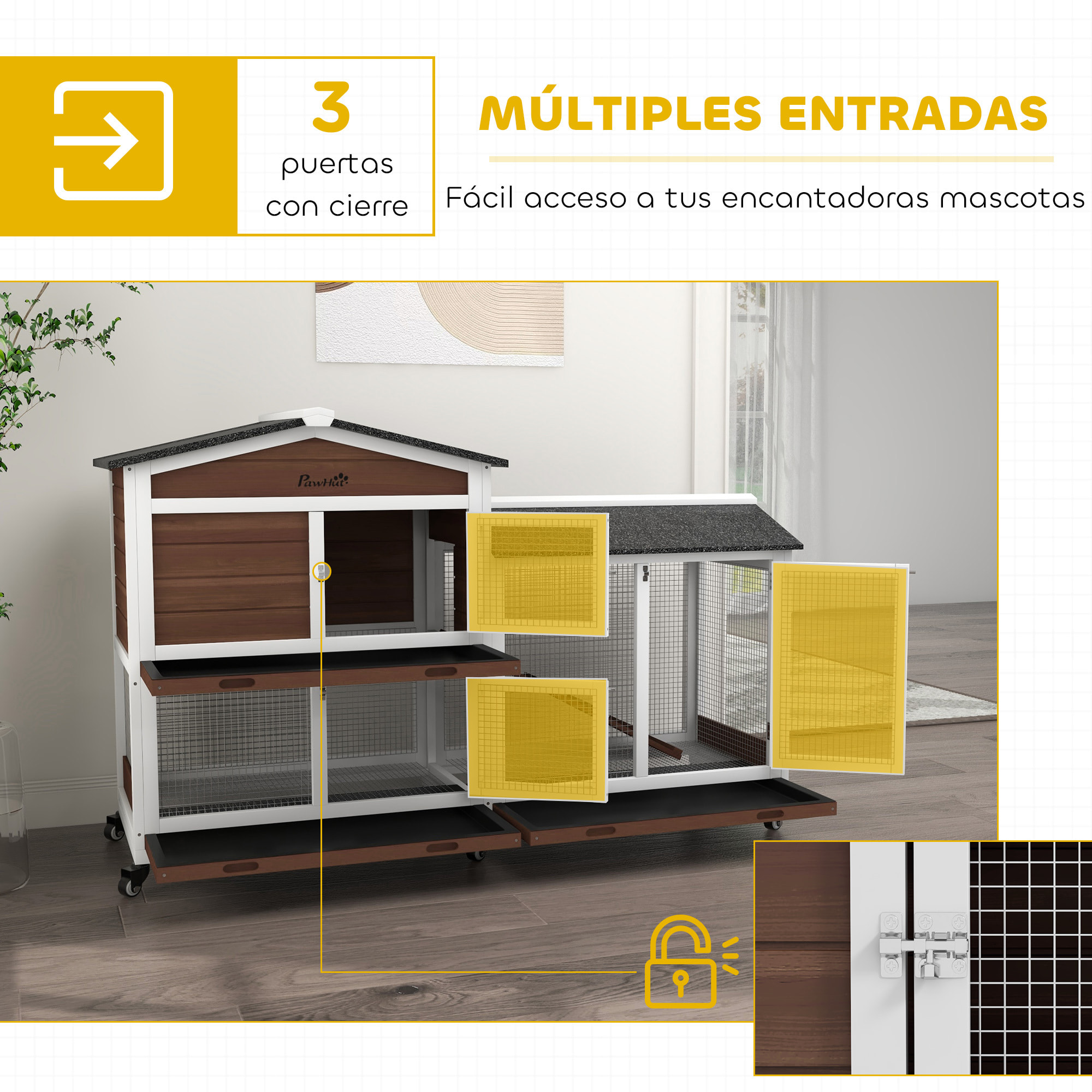 Conejera de Madera con Ruedas 157,4x53x99,5 cm Jaula para Conejos Grande con Techo Asfáltico Bandeja Extraíble y Rampa para Exterior e Interior Marrón