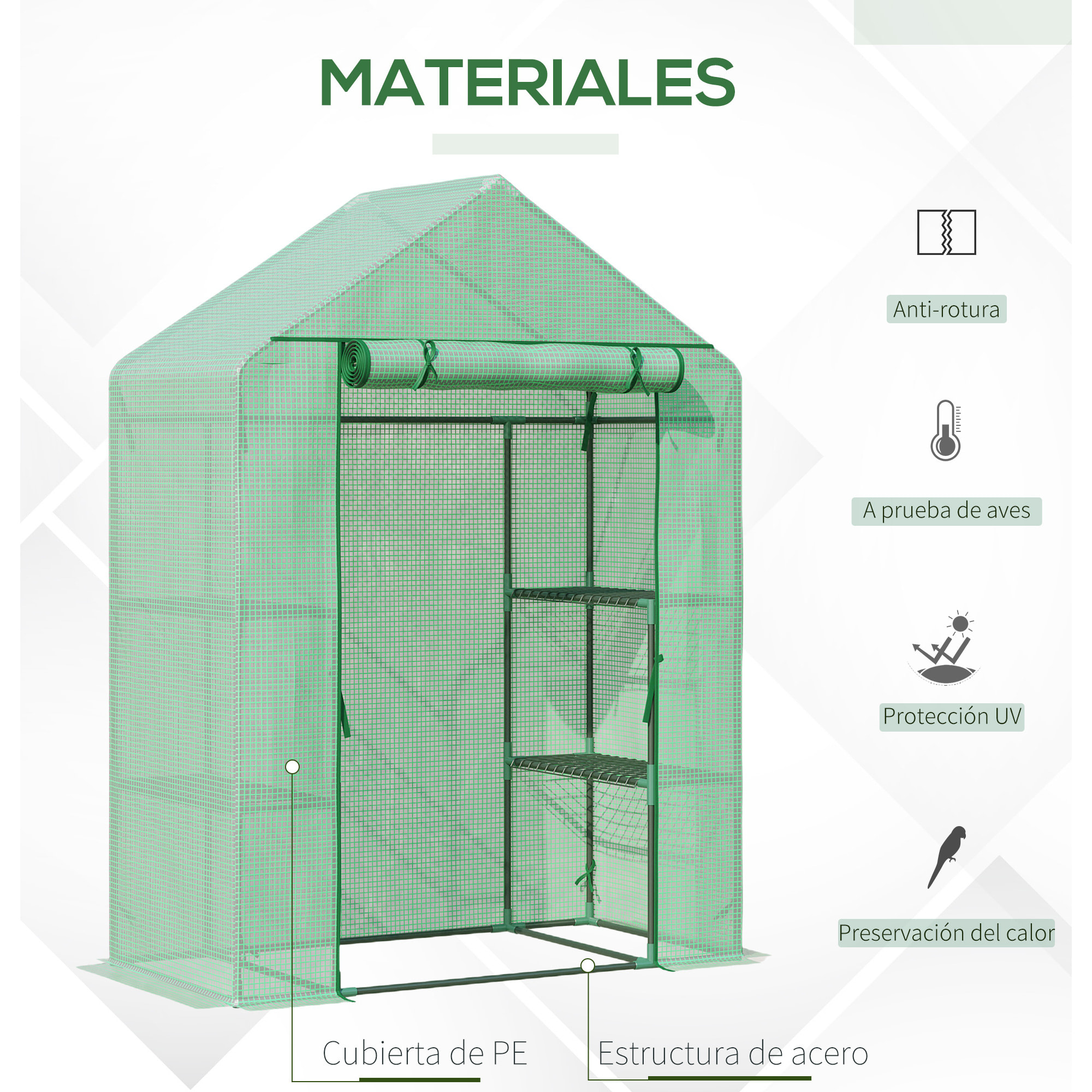 Invernadero de Jardín 141x72x191 cm Vivero Casero con 4 Estantes Puerta Enrollable Cubierta de PE 140g/m² y Marco de Acero para Cultivos Plantas Macetas Flores Verde