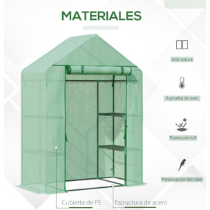 Invernadero de Jardín 141x72x191 cm Vivero Casero con 4 Estantes Puerta Enrollable Cubierta de PE 140g/m² y Marco de Acero para Cultivos Plantas Macetas Flores Verde
