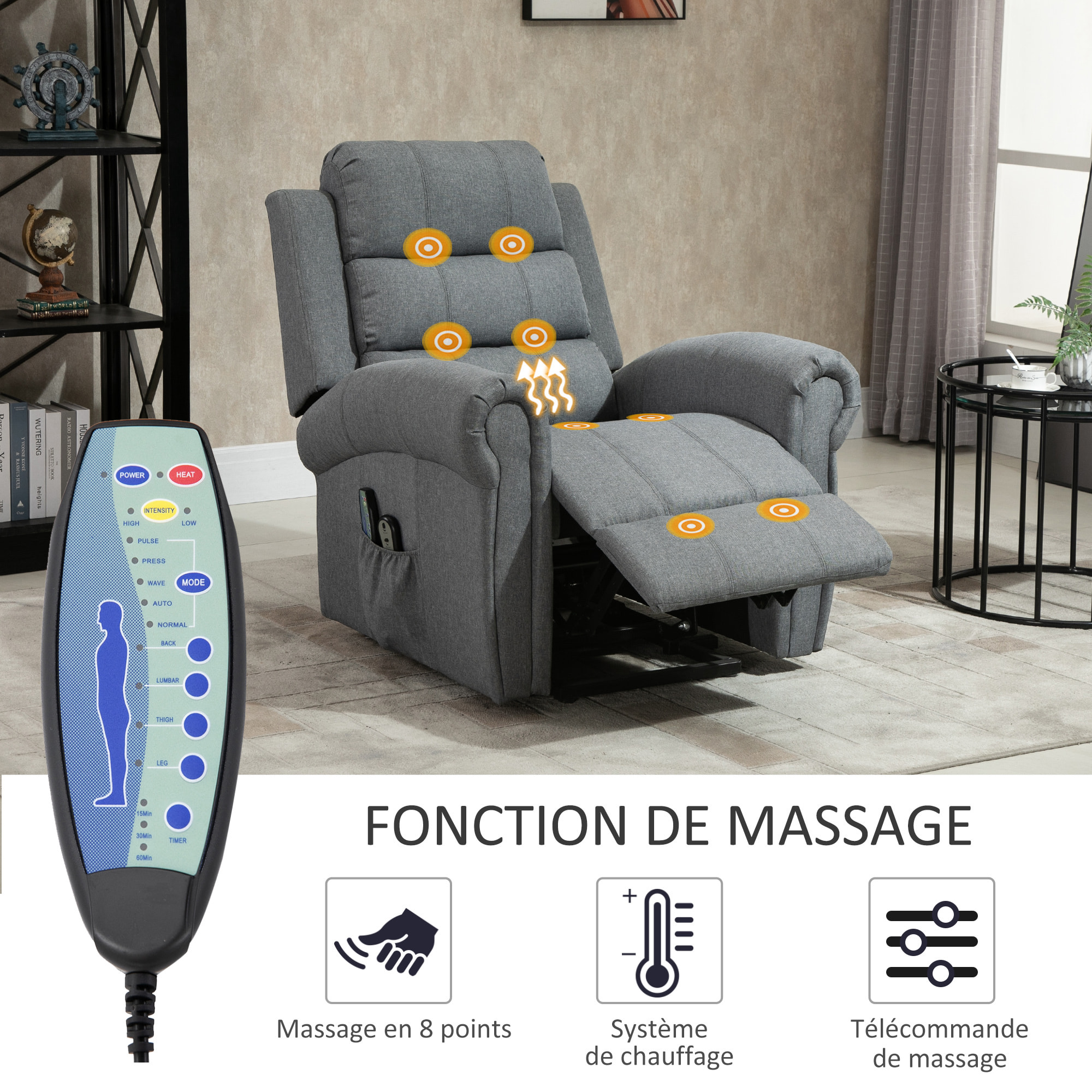 Fauteuil de massage fauteuil releveur électrique inclinaison réglable repose-pied ajustable lin gris chiné