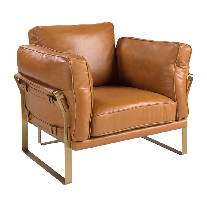 Sillón Angel Cerdá con reposabrazos con asiento y respaldo tapizados en piel de origen vacuno en camel ppatas de acero inoxidable en dorado 97x88x82cm