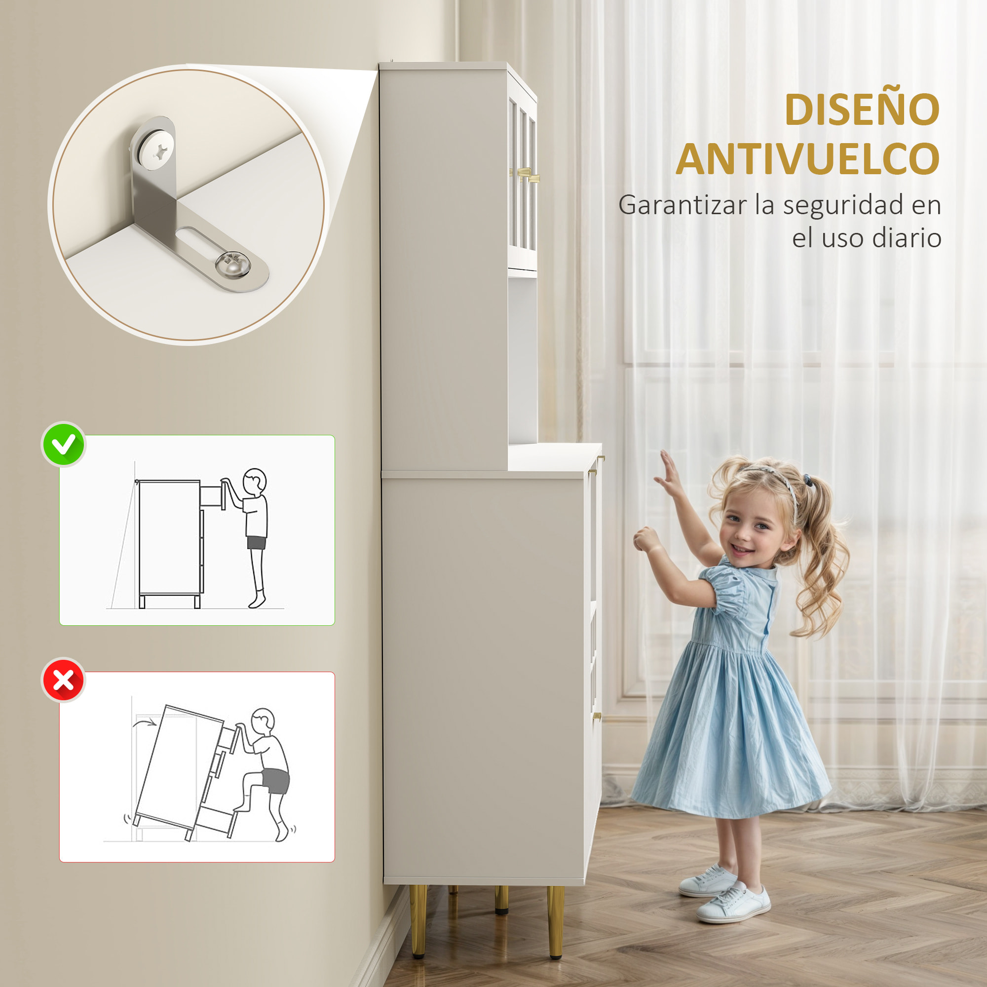 Alacena de Cocina Mueble Auxiliar de Cocina Aparador Alto con 3 Puertas de Vidrio Botellero Cajón Estantes Ajustables y Compartimentos Abiertos 100x40x180 cm Blanco