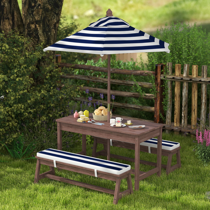 Table pique-nique enfant - ensemble salon de jardin enfant - 2 bancs, coussins et parasol - bois brun