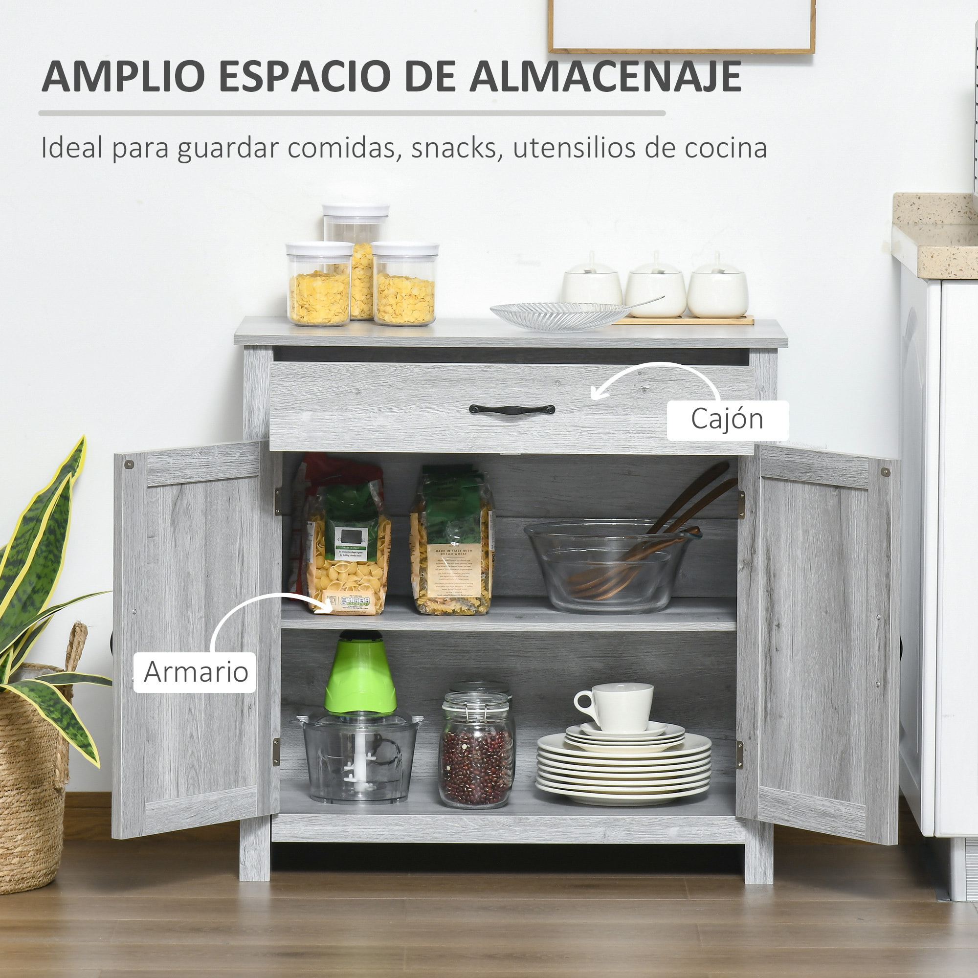 HOMCOM Aparador de Cocina con 1 Cajón 2 Puertas y Estante Interior Ajustable Mueble Auxiliar Decorativo para Comedor Salón 80x39,7x80 cm Gris