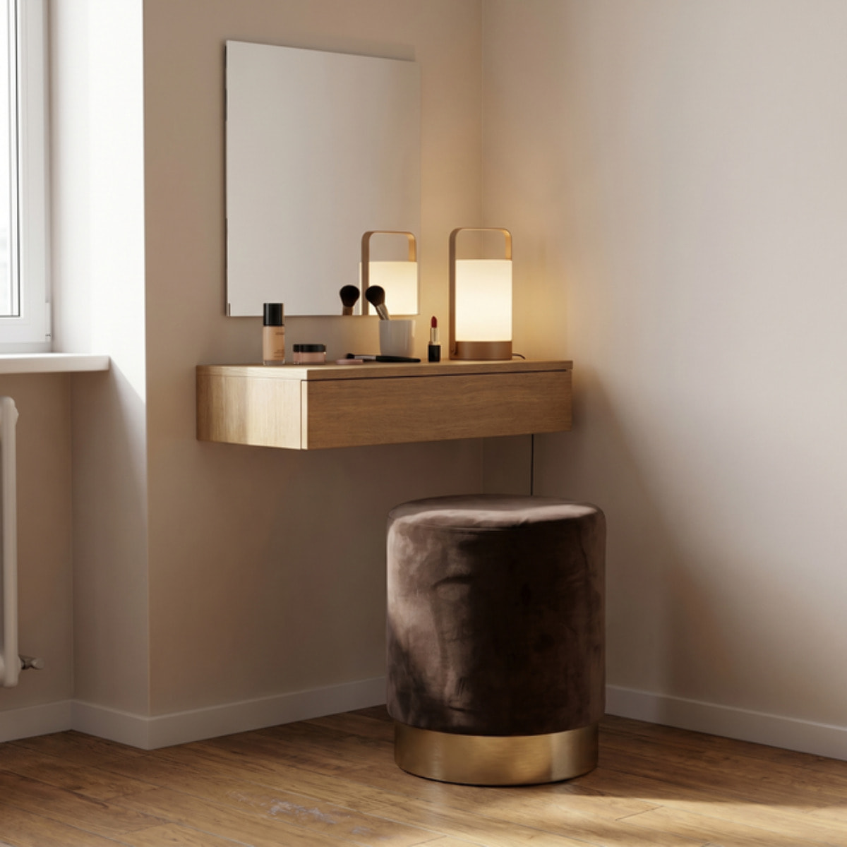 Pouf cilindrico in velluto con base dorata, sgabello imbottito elegante e resistente, seduta compatta salvaspazio, ideale per salotto camera ingresso e toeletta, design moderno glamour e versatile