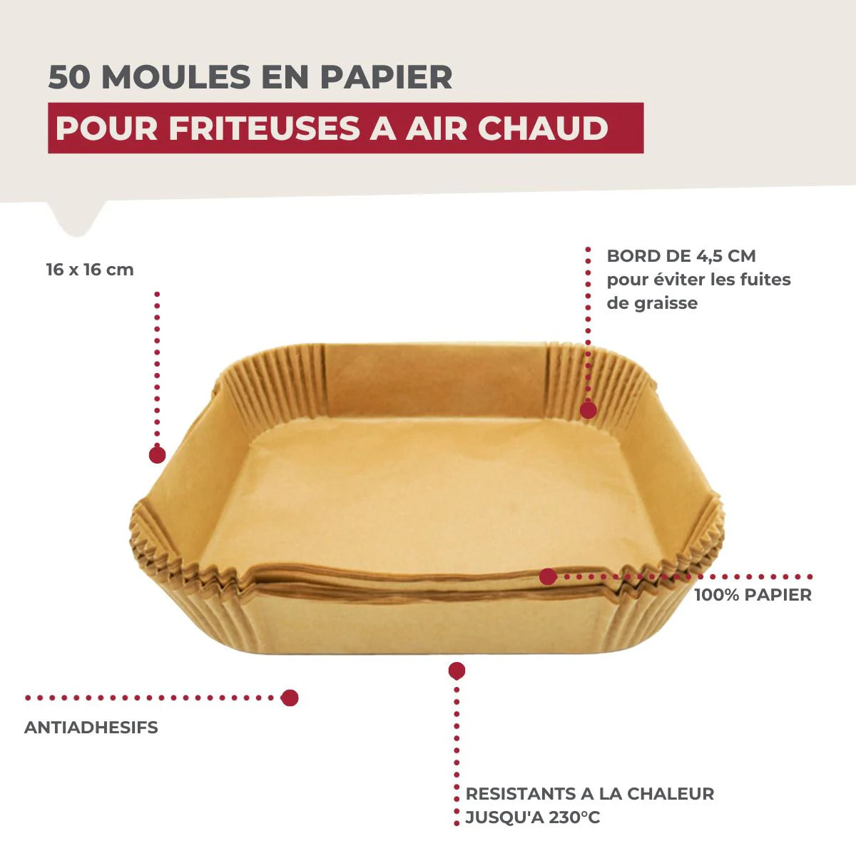 50 Moules en papier cuisson pour air fryer carrés 16 cm Fackelmann Divers