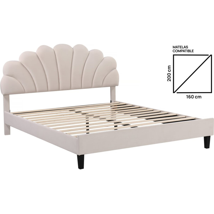 Lit coquillage en velours "Manon" - Beige - 160 x 200 cm