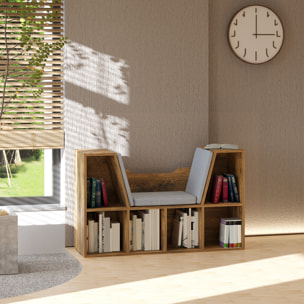 Bibliothèque banc 2 en 1 design contemporain 6 casiers 3 coussins fournis 102L x 30l x 61H cm aspect bois vieilli gris