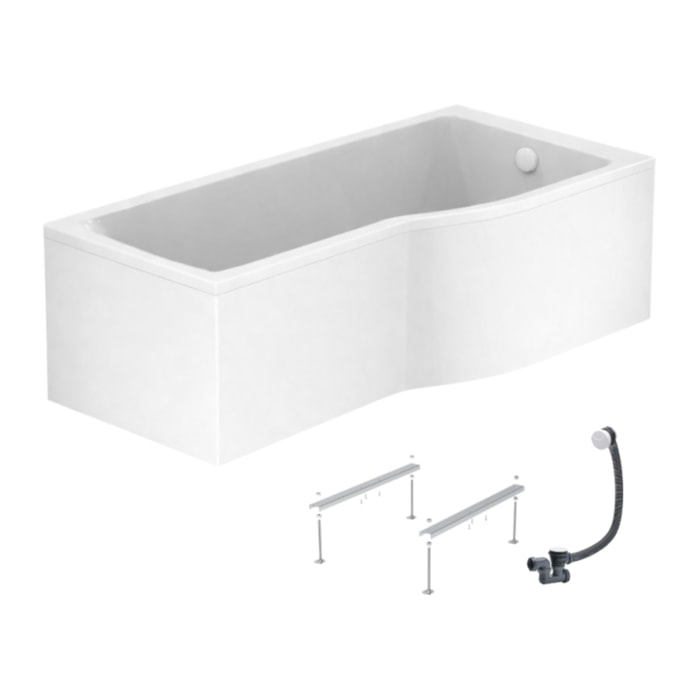 Baignoire bain douche 150 x 80 cm droite Connect Air + tablier + pieds + vidage Blanc