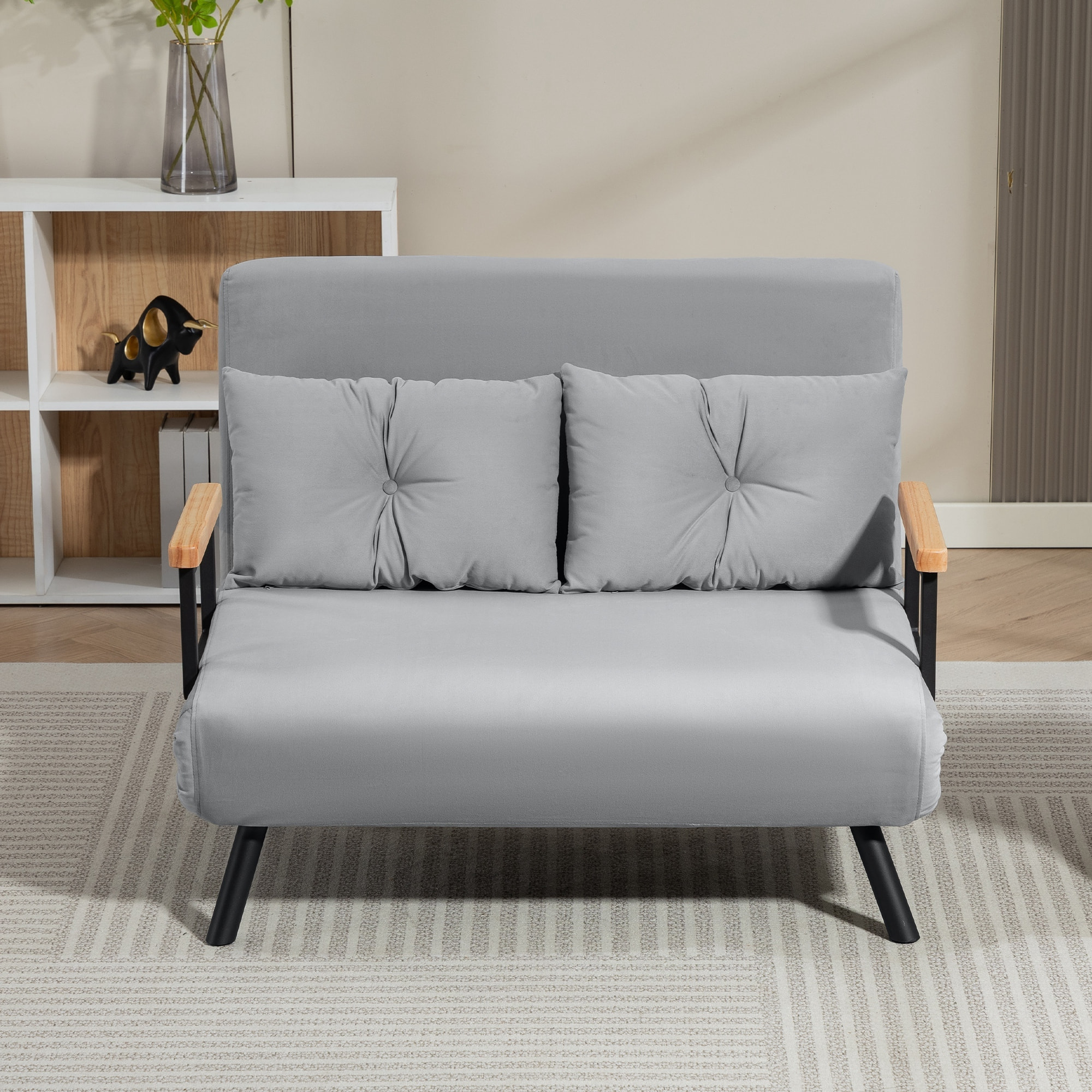 Sofá Cama de 2 Plazas 4 en 1, Sofá Cama Plegable Tapizado en Terciopelo con Respaldo Ajustable de 5 Niveles y Almohadas Acolchadas, para Oficina, Dormitorio, Salón, 102x73x81 cm, Gris Claro