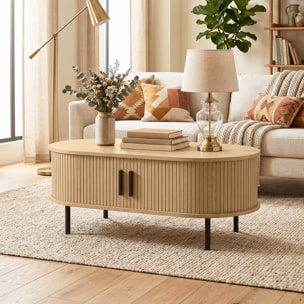 Mesa de Centro con Puertas de Tambor Deslizantes, Mesa de Café Ovalada para Salón con Almacenamiento Oculto y Patas de Metal, Moderno de Mediados de Siglo, 100x55x40 cm, Madera Natural