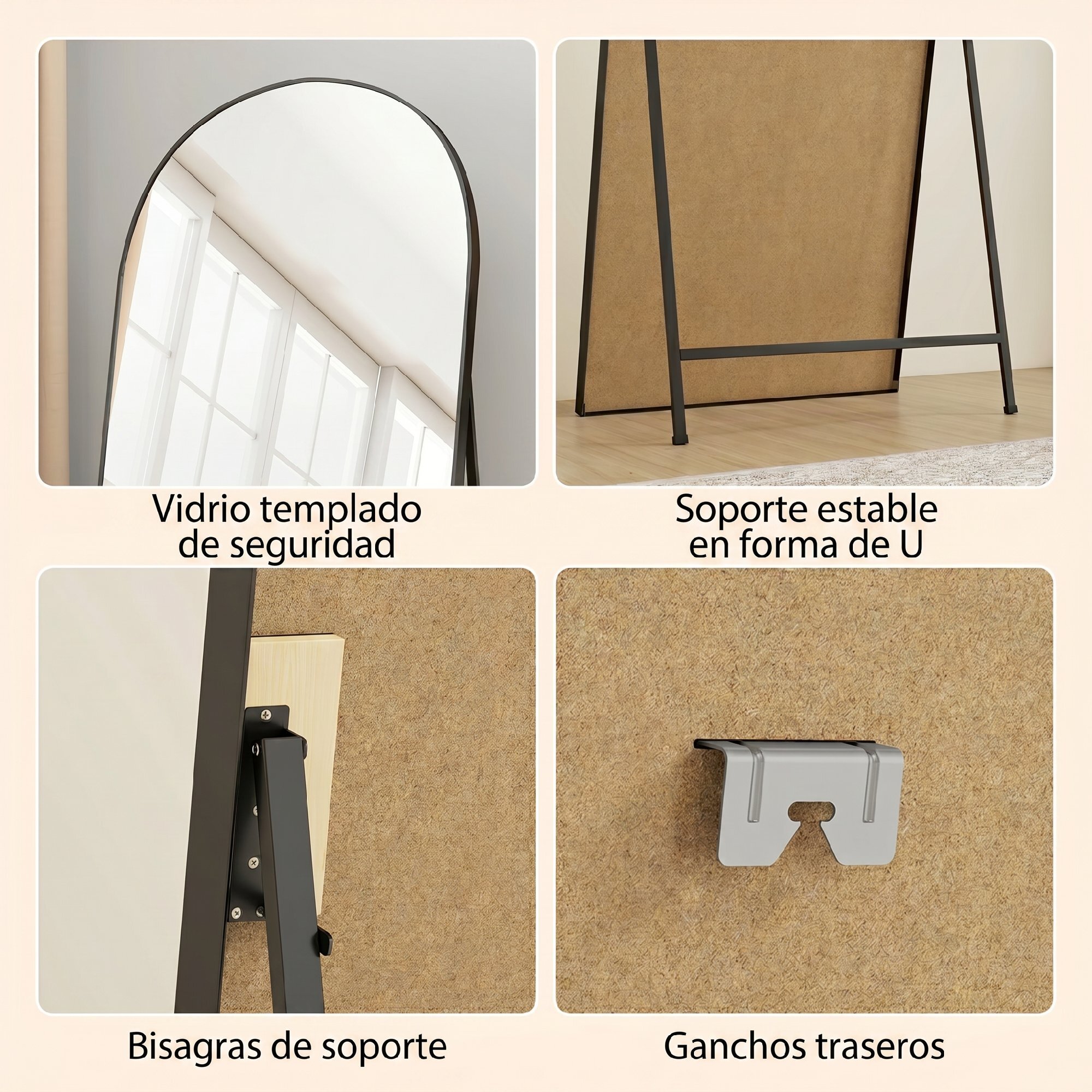 Espejo de Cuerpo Entero, 180x80 cm, Espejo de Pie Arqueado, Marco de Aluminio Negro, Independiente, Apoyado y de Pared, para Dormitorio, Salón