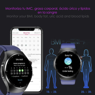 DAM Smartwatch TK25. ECG , glucosa en sangre, ácido úrico y lípidos, IMC grasa corporal, temperatura, O2 y tensión. 5,4x1,2x4,7 Cm. Color: Azul Oscuro