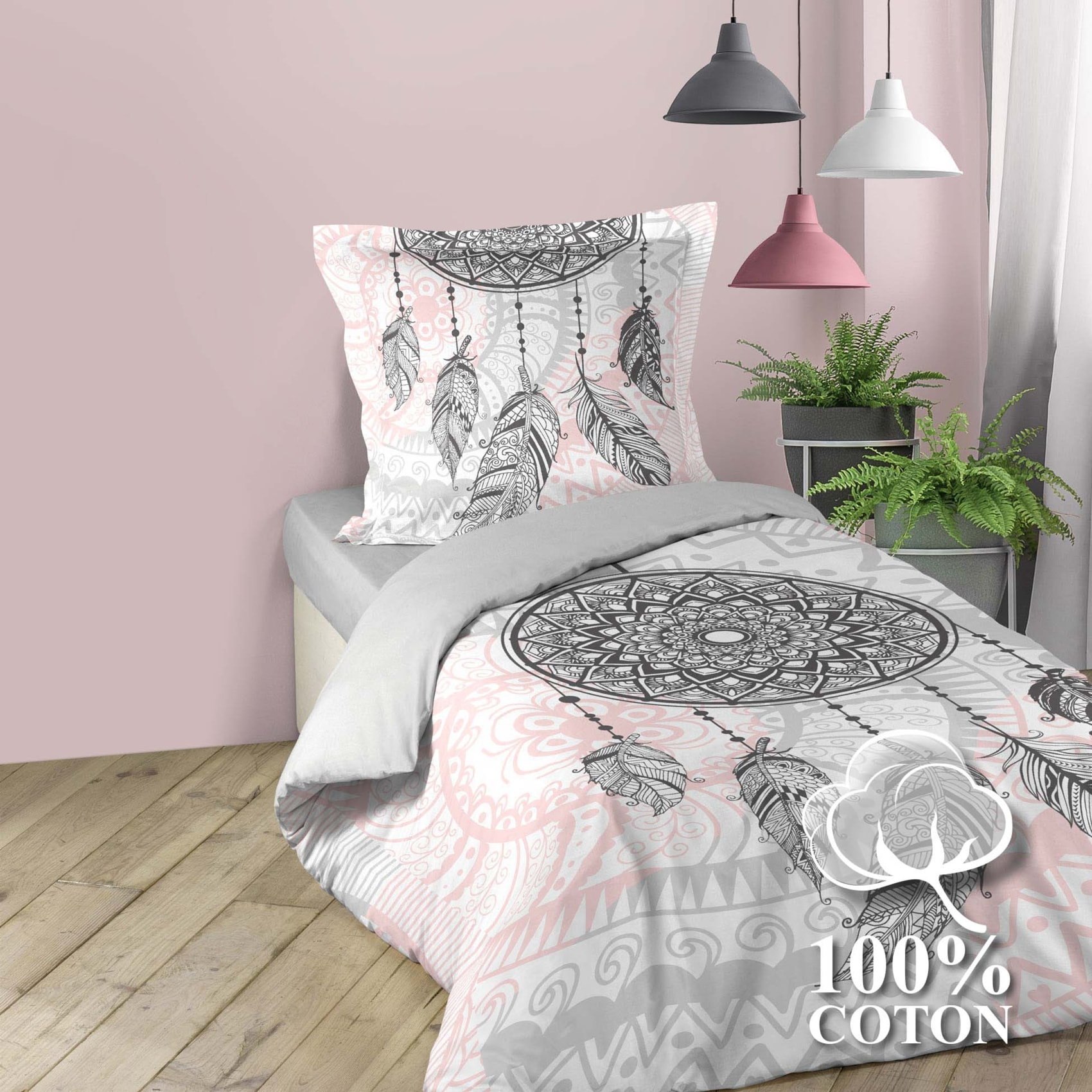 Parure de lit mandala et attrape-rêve - Rose Clair