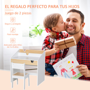 Escritorio para Niños con Silla de 3 a 6 Años Pupitre Infantil 2 en 1 Conjunto de Escritorio 2 Piezas con Cajón y Eatantes de Libros 70x50x75 cm Blanco y Natural