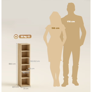 Set de 2 Estanterías para CDs y DVDs, Soportes para CD Estrechos con 12 Compartimentos, Estantes Ajustables, Estanterías para Salón, Oficina, 21x22,5x88,5 cm, Roble