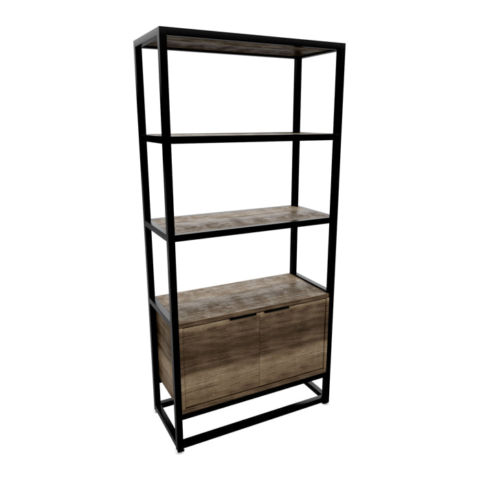 Edo - Scaffale Libreria a Muro 76x162,5x33,5 cm 3 Ripiani con Mobiletto 2 Ante in Legno Bleach Struttura in Metallo Nero