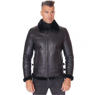 Montone Shearling nero biker uomo collo camicia con fibbia