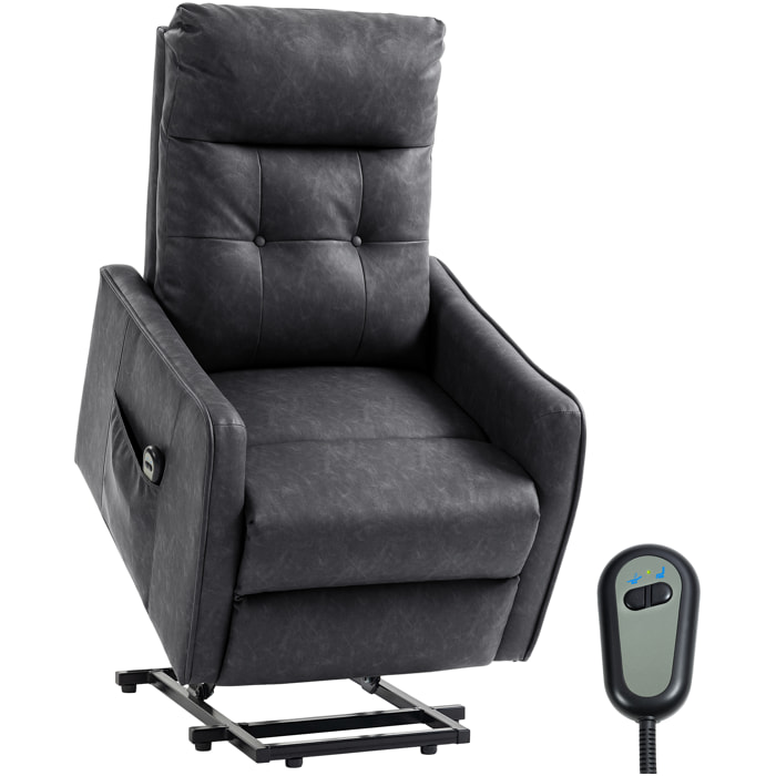HOMCOM Sillón Relax Reclinable Eléctrico Levanta Personas, Tapizado en Cuero PU, Sillón Elevador con Control Remoto, Asiento de Muelles, Reposapiés, Respaldo Alto, Bolsillos Laterales, Gris