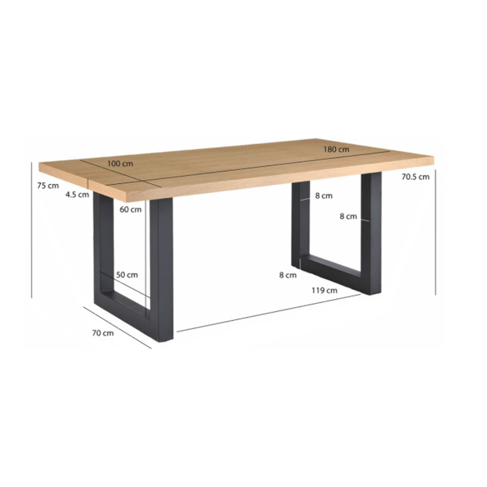 Table de Repas 100 x 180 cm Placage Chêne Piètement Luge Métal - DAVIS