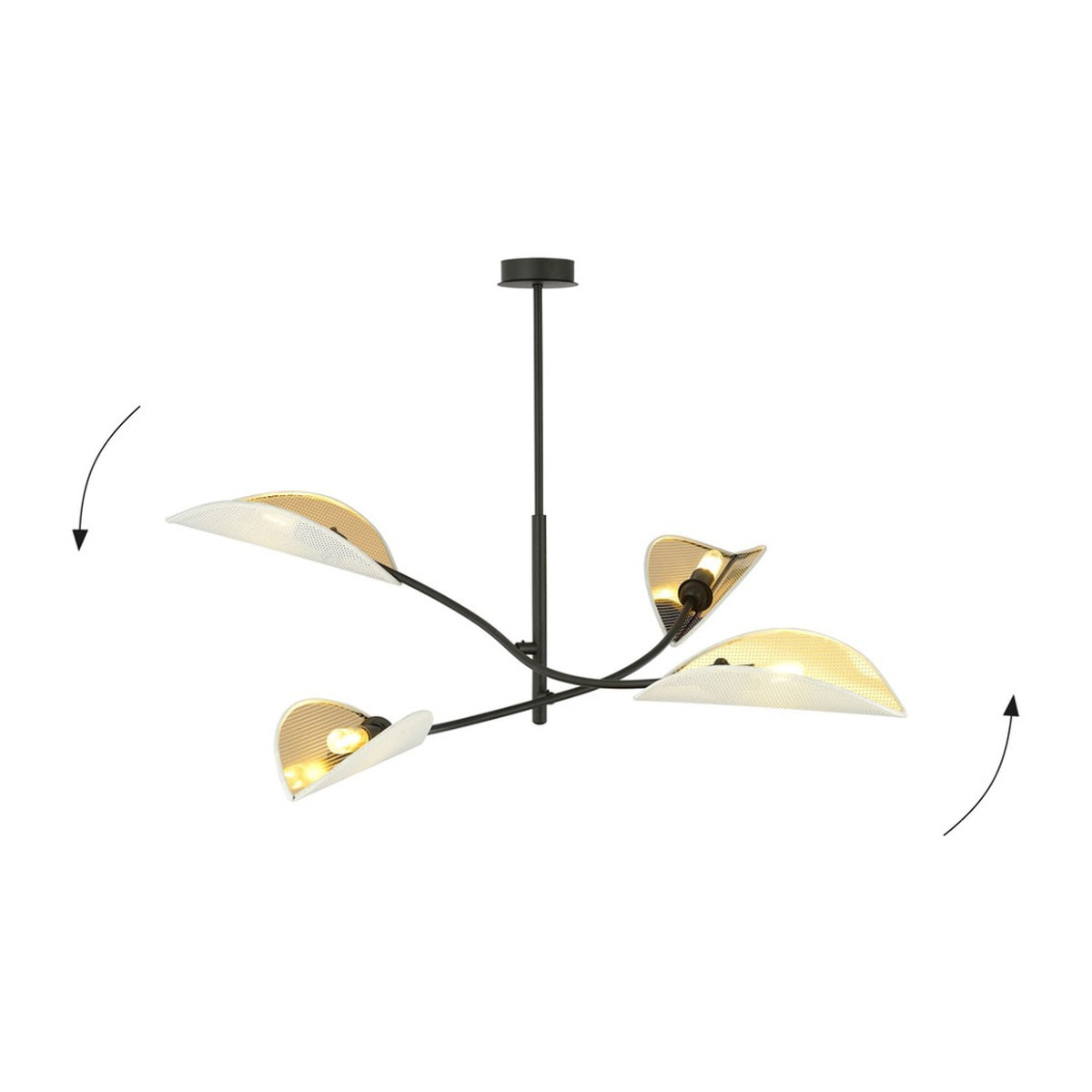 Lampada a sospensione Lotus in acciaio nero e paralumi bianco e oro