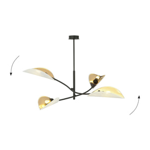Lampada a sospensione Lotus in acciaio nero e paralumi bianco e oro