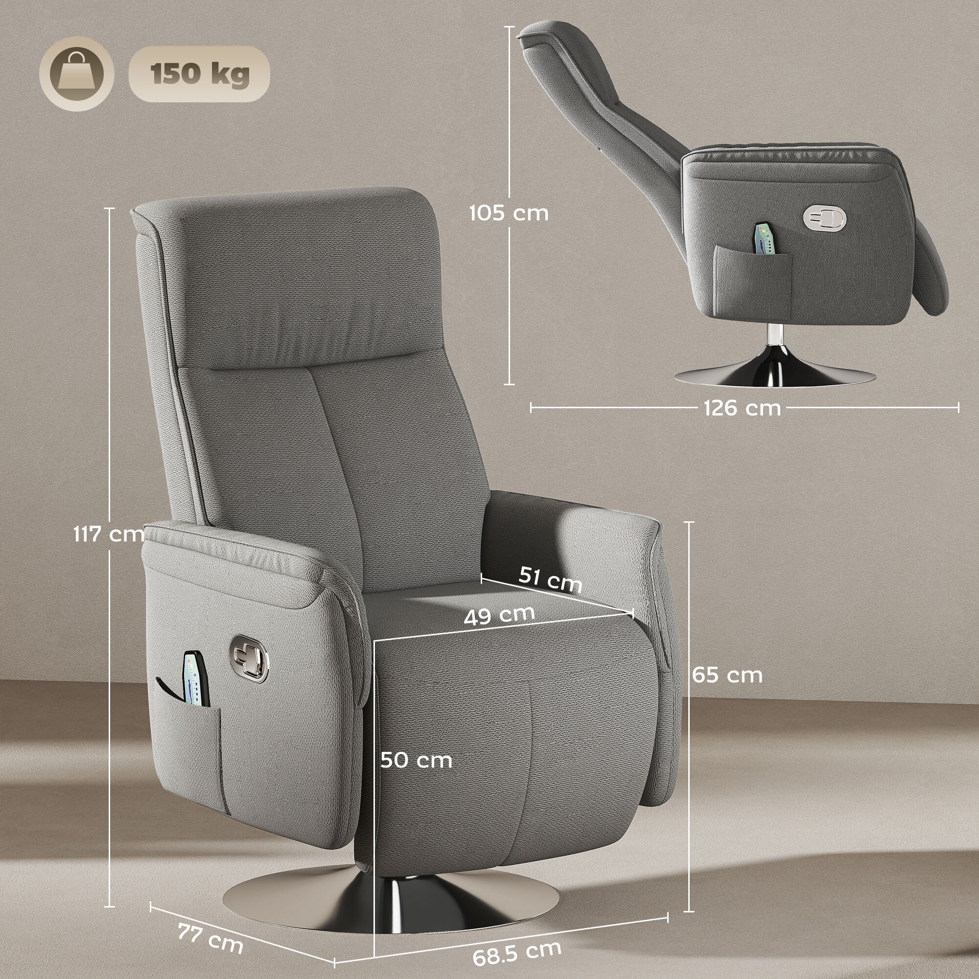 Sillón Relax Reclinable con Reposapiés Sillón de Masaje con 10 Puntos de Masaje Giratorio 360° Mando a Distancia Butaca Reclinable para Salón Oficina Gris