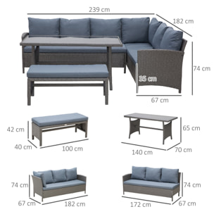 Conjunto 4 Piezas Muebles de Ratán con Cojines Acolchados Tubo de Hierro Vidrio Templado Gris