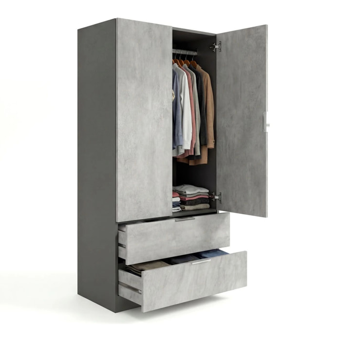 Armario de 2 puertas y 2 cajones en gris grafito y gris cemento 81,5x180 cm Lark Gris Grafito - Gris Cemento
