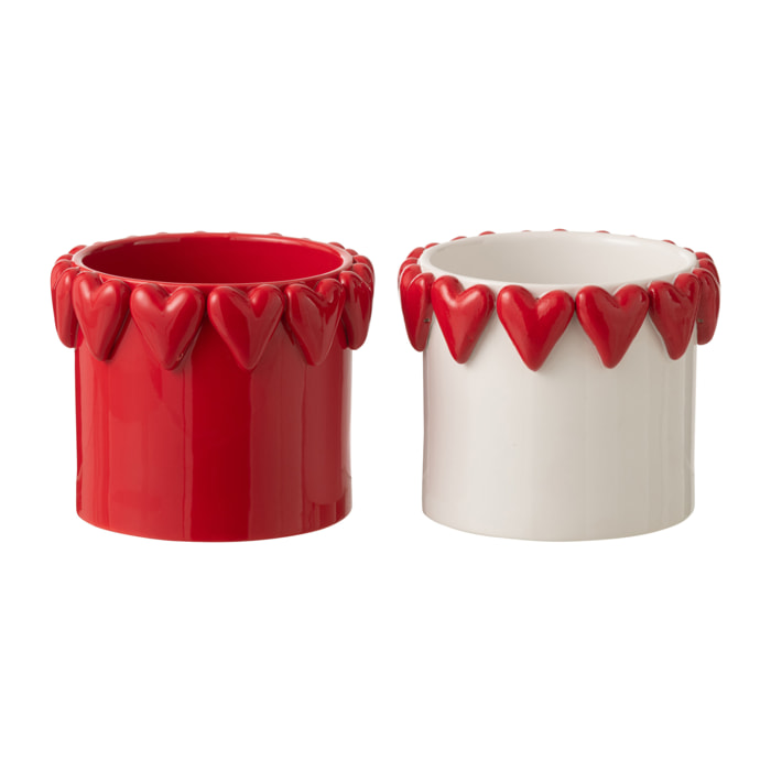 J-Line Cache-pot Coeurs - céramique - blanc/rouge - 2 pièces