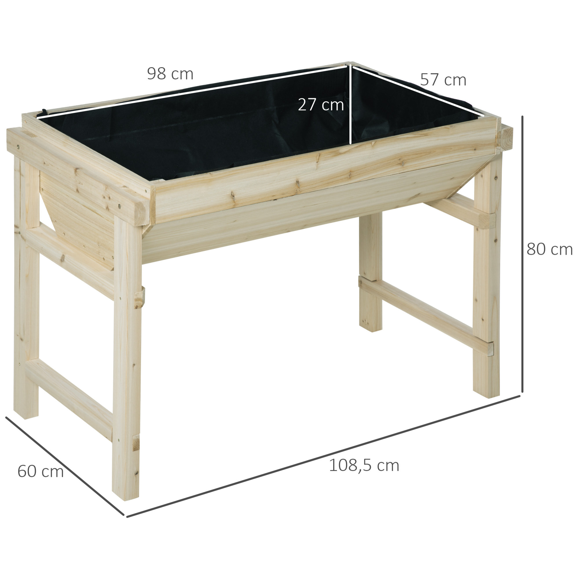 Jardinière sur pieds potager dim. 108,5L x 60l x 80H cm inserts d'irrigation + feutre de drainage inclus bois sapin