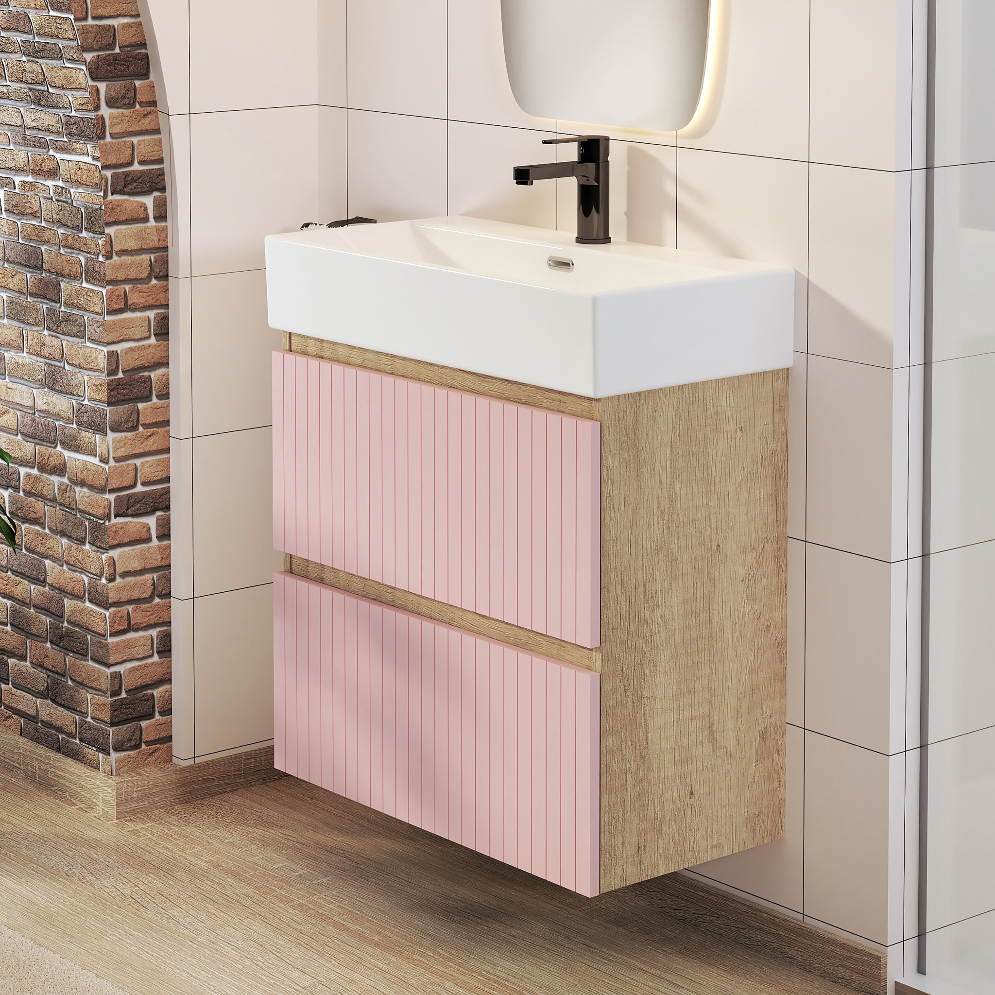 Ensemble de Salle de Bain Zel | Meuble Suspendu | 70 cm Rose | Deux Tiroirs | Lavabo Encastré | Miroir non inclus | Meuble Monté | Alday