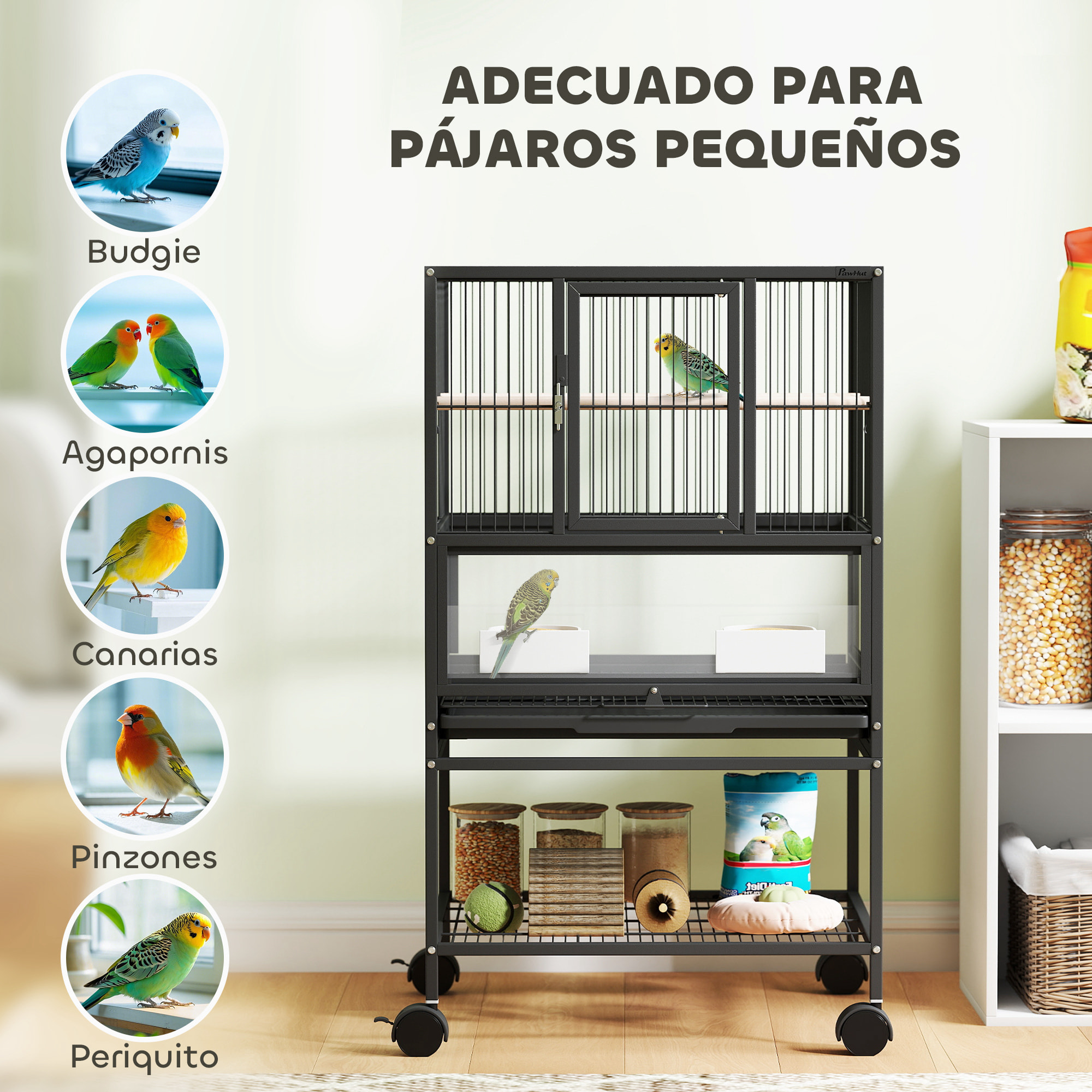 Jaula para Pájaros Jaula Grande con Ruedas Paneles Acrílicos Comederos Perchas Estante Bandejas Extraíbles Pajarera para Loros Canarios 48x46x83 cm Negro