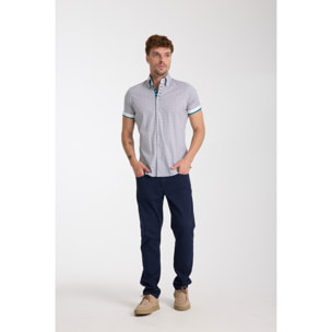 Camicia Uomo Manica Corta 2 Bottoni Button Down 7 Botto Popeline Stretch Stampato Bianco e Blu