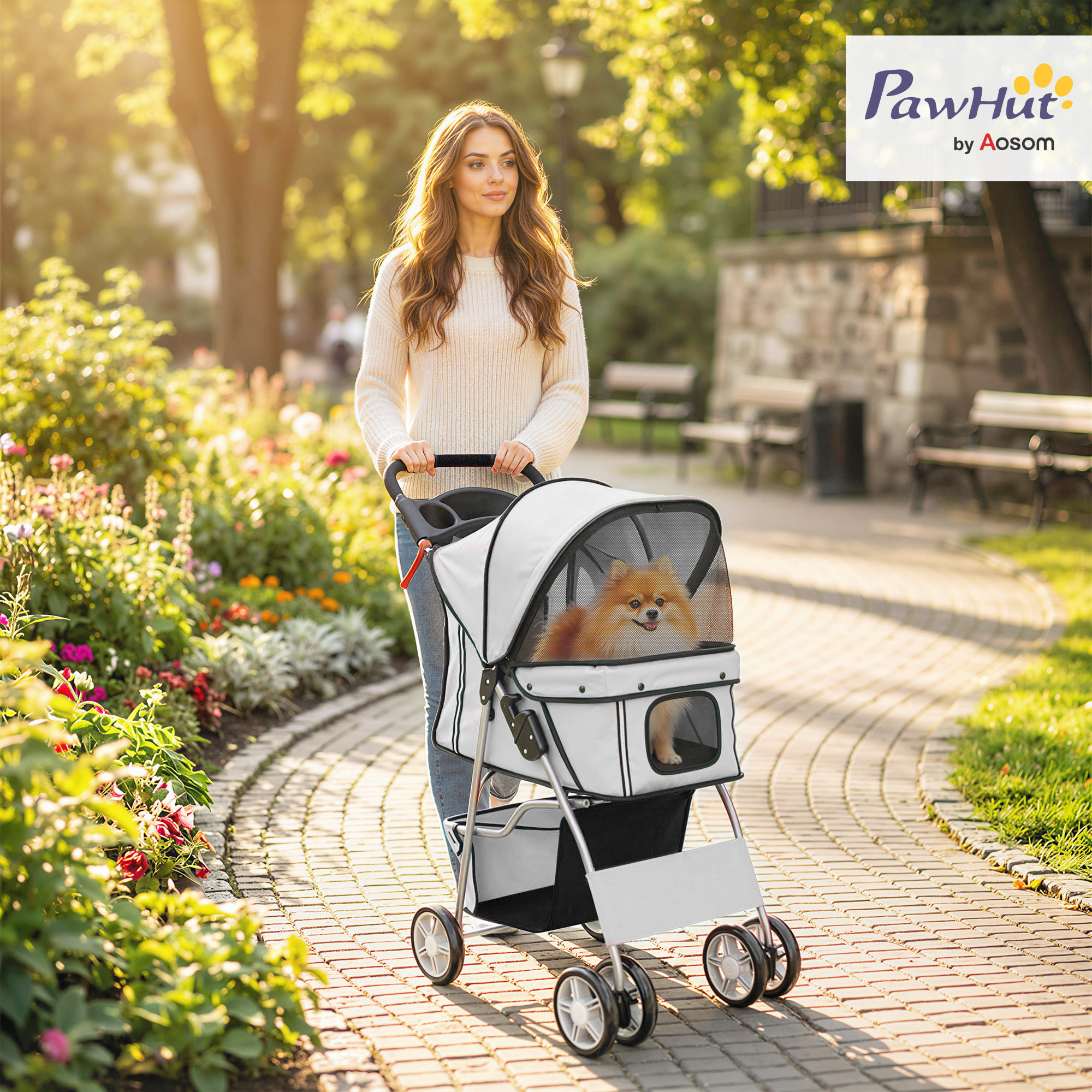 Poussette buggy pliable pour chiens tissu 600D Oxford imperméable 4 roues gris clair