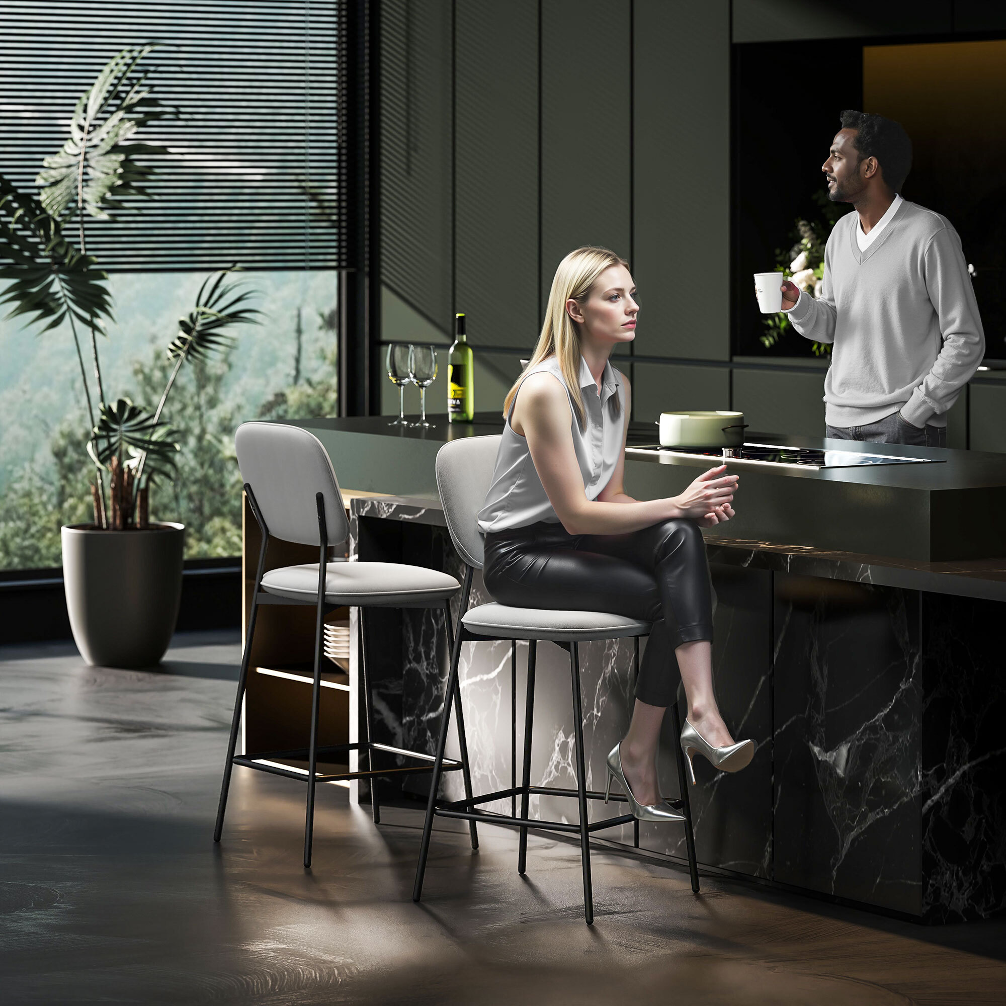 Juego de 2 Taburetes de Bar Taburetes Altos de Cocina con Respaldo y Reposapiés Tapizado en Terciopelo Marco de Acero Taburetes Altos Modernos para Comedor Mostrador Gris Claro