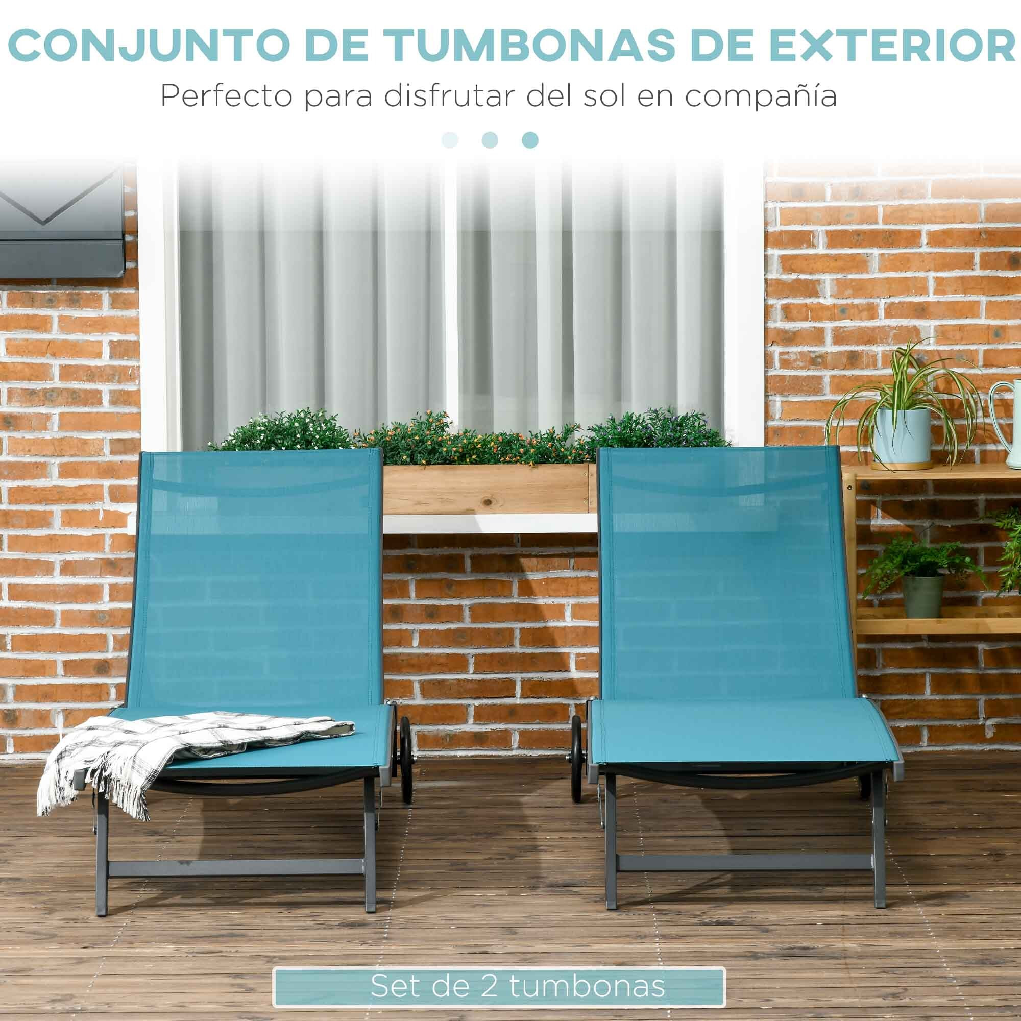 Pack de 2 Tumbonas de Jardín Exterior Tumbonas Reclinables de Aluminio con Respaldo Ajustable de 5 Niveles y Ruedas para Playa Piscina 165x66x102 cm Azul y Gris