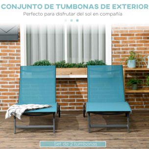 Pack de 2 Tumbonas de Jardín Exterior Tumbonas Reclinables de Aluminio con Respaldo Ajustable de 5 Niveles y Ruedas para Playa Piscina 165x66x102 cm Azul y Gris